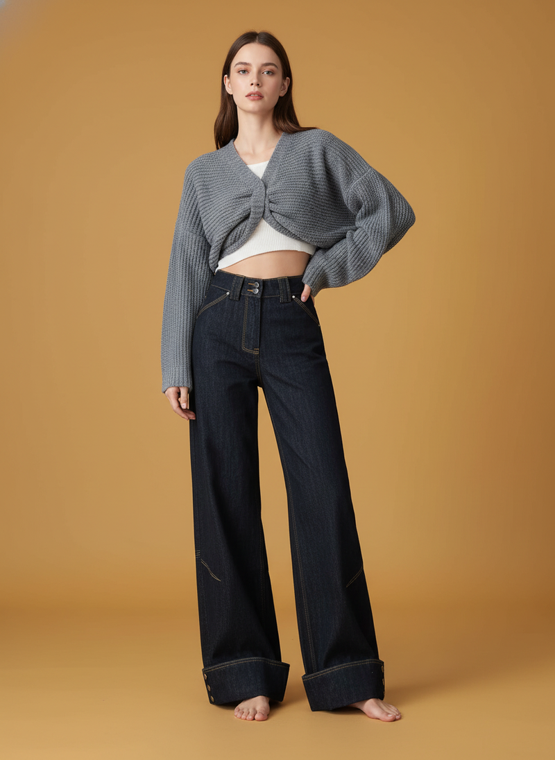 Retro High Street Denim Turn Over Button Straight