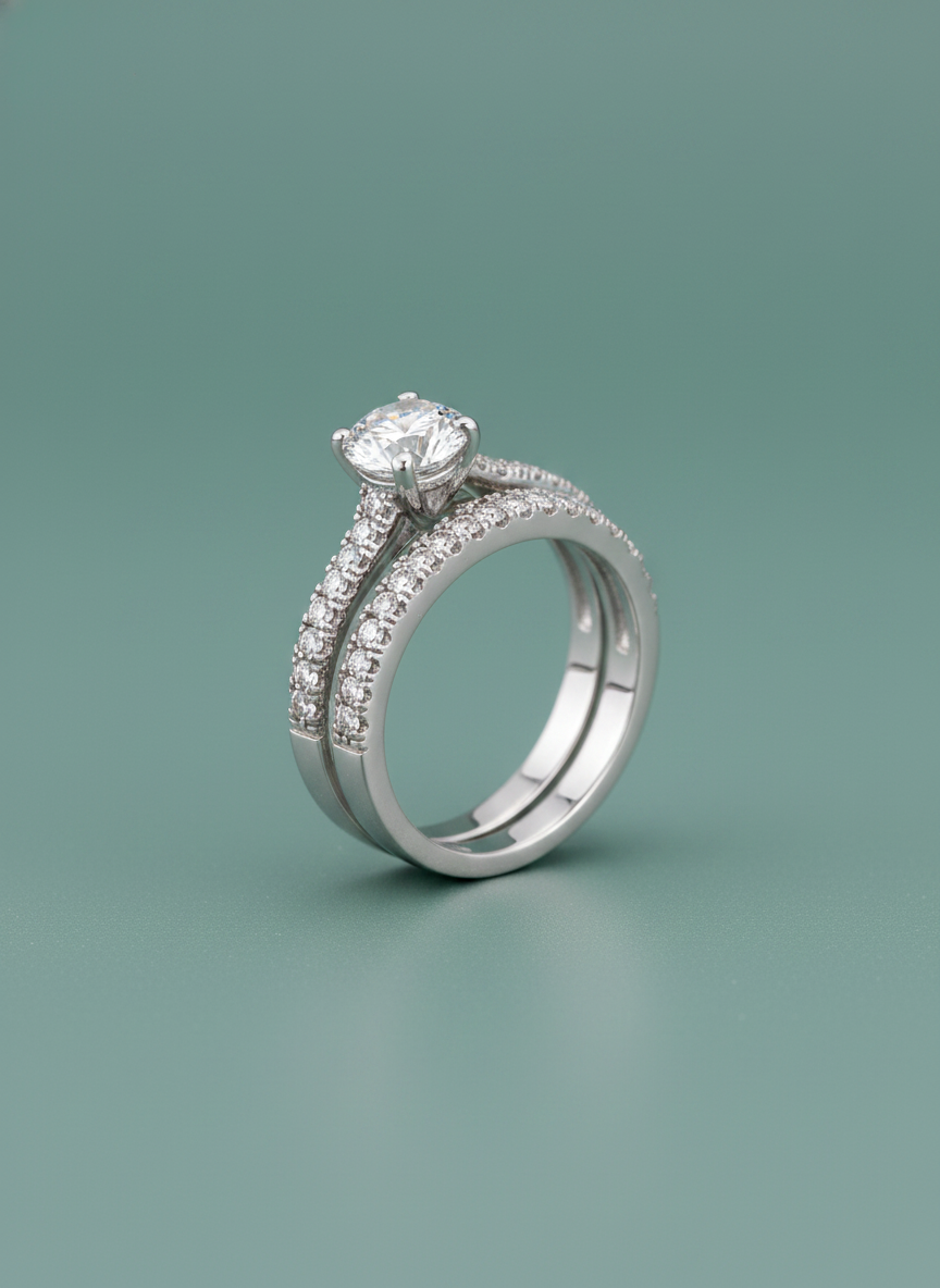 Micro Pave Ring Set With Simulated Heart & Arrow Zirconia