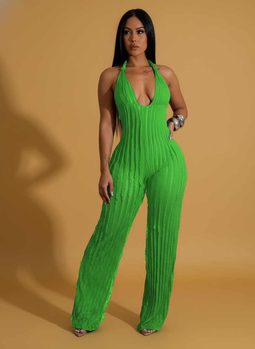 Solid Color Backless Deep V Pleated Halter Jumpsuit