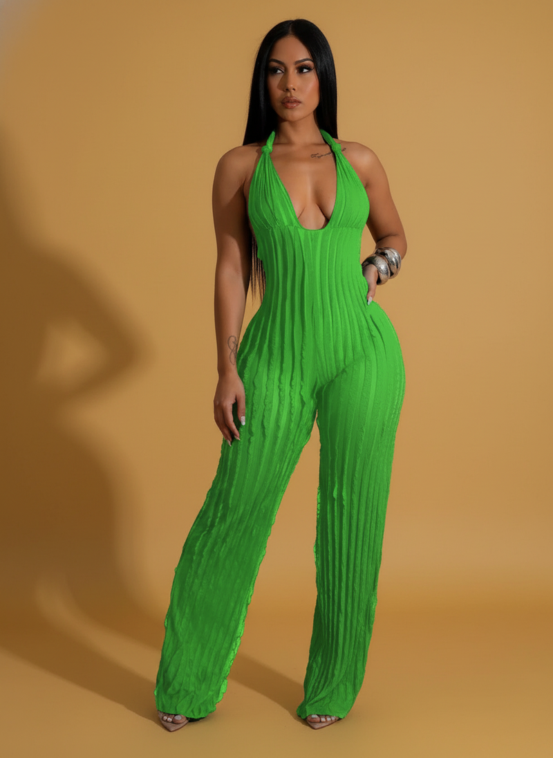 Solid Color Backless Deep V Pleated Halter Jumpsuit