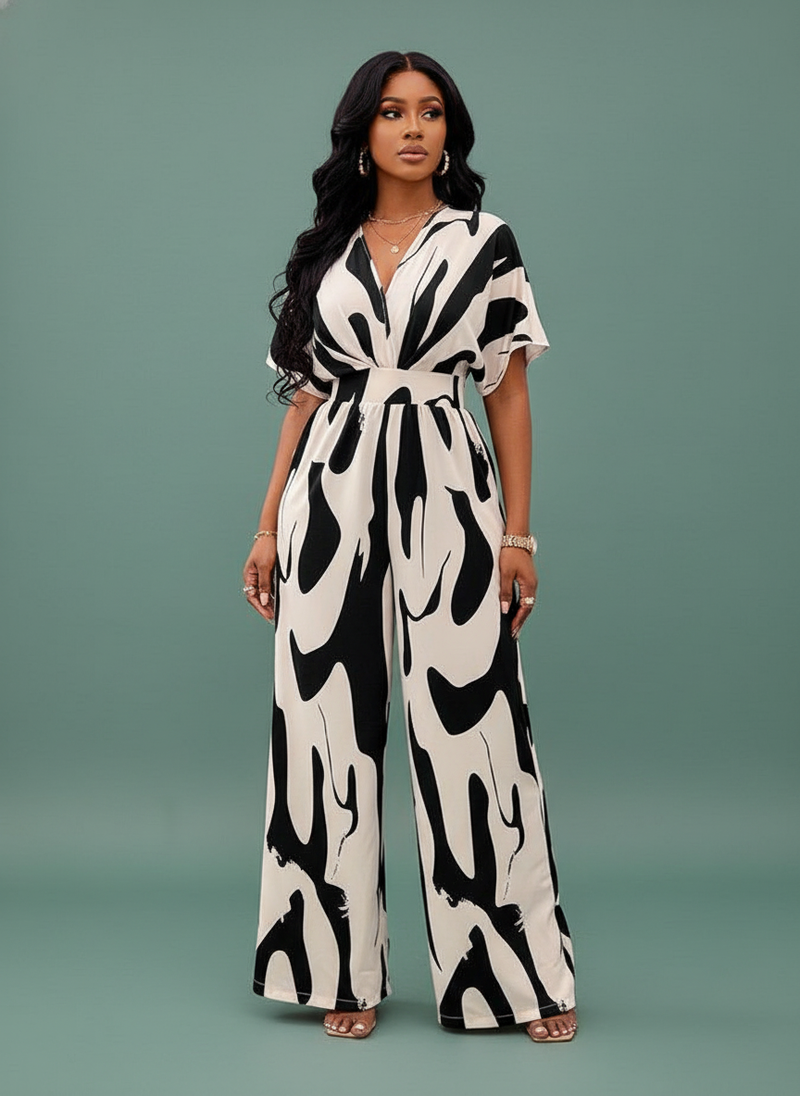 V-neck Loose Printed Long Jumpsuit