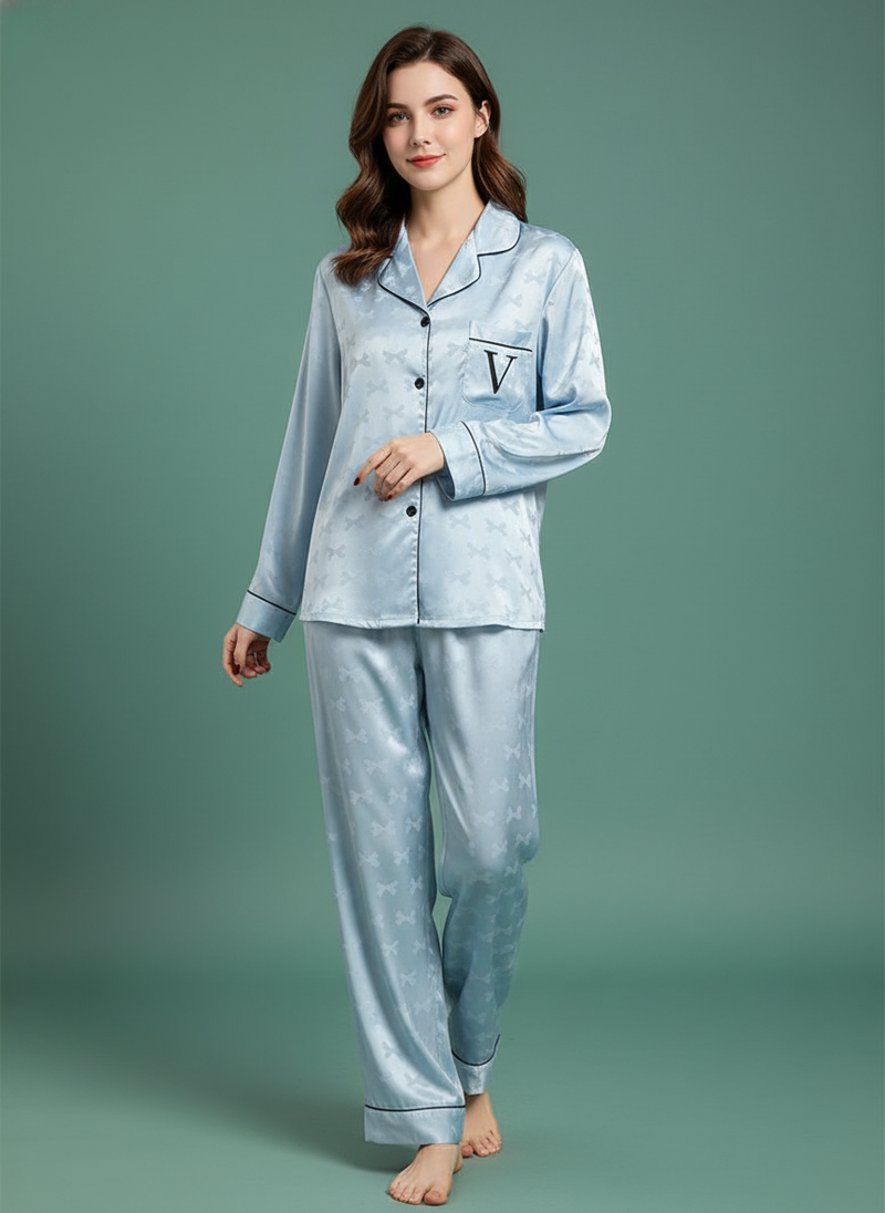 Bow Jacquard Embroidery Sweet Ice Silk Pajamas