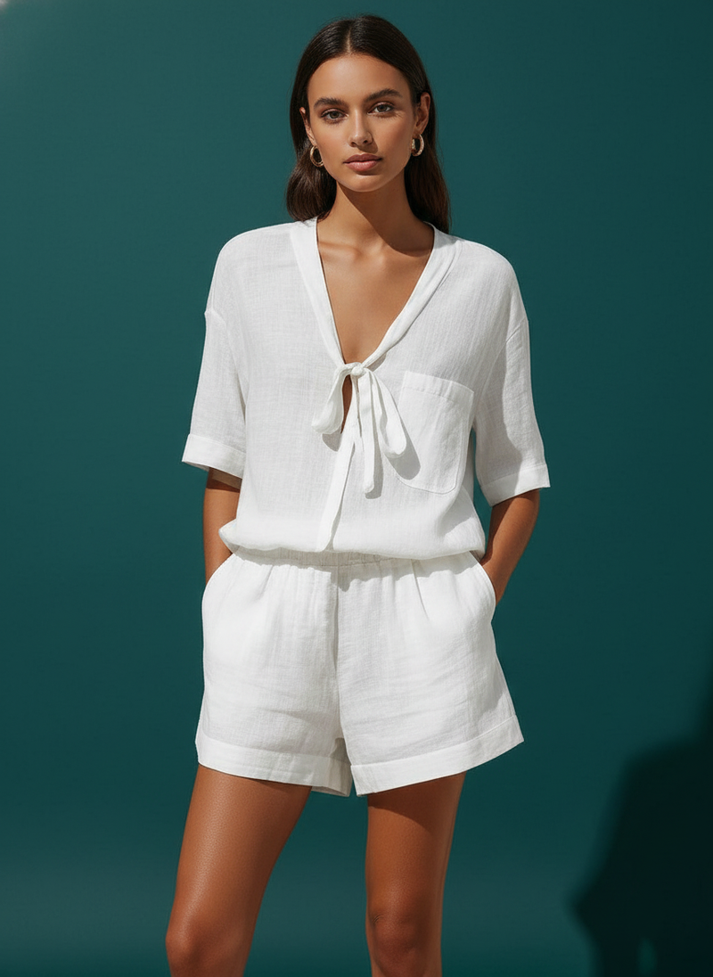 Solid Color Cardigan Lace-up Short-sleeve Shirt Loose