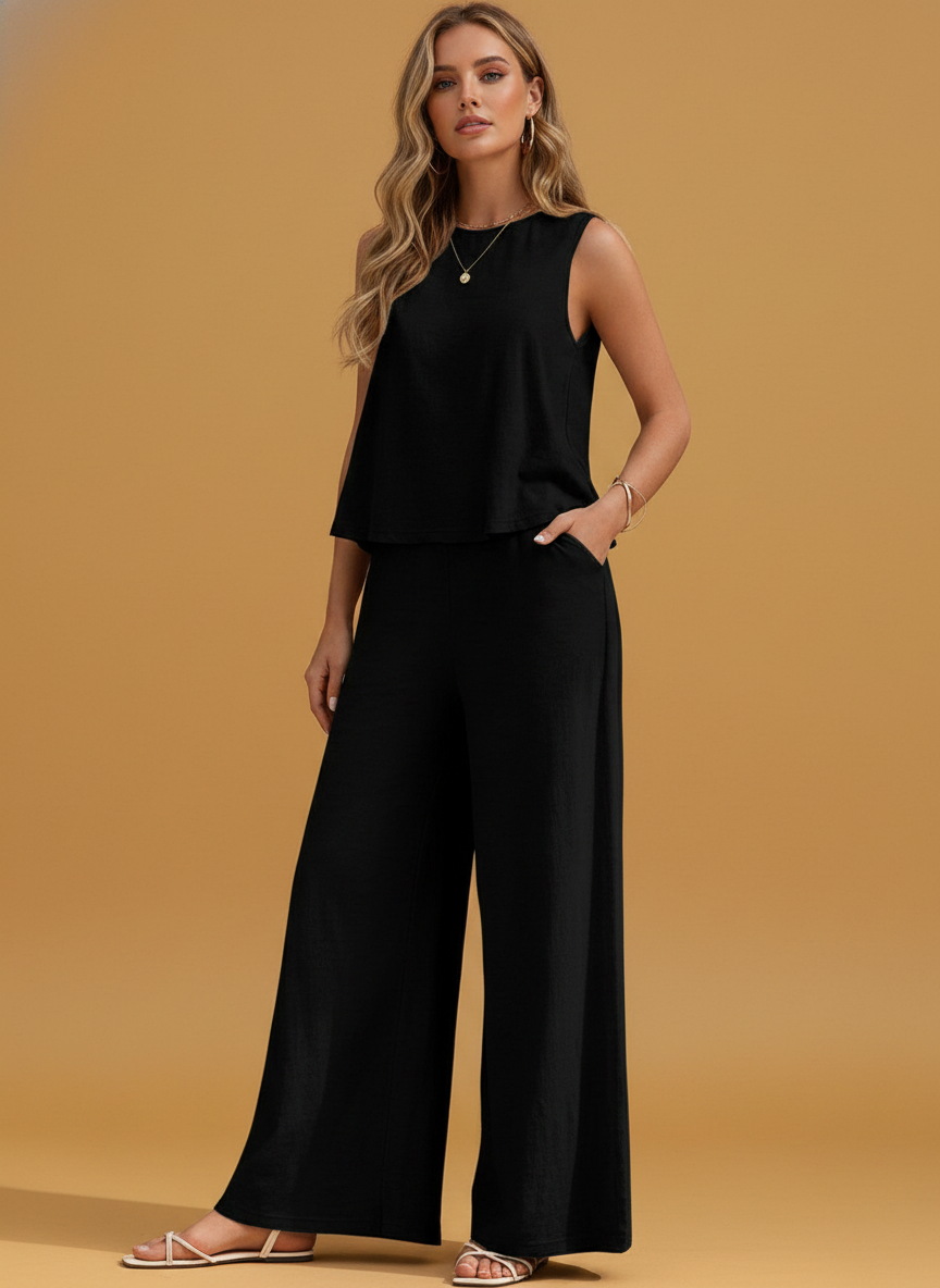 Solid Color Loose Pants Sets Elegant Two Pieces Suit Full