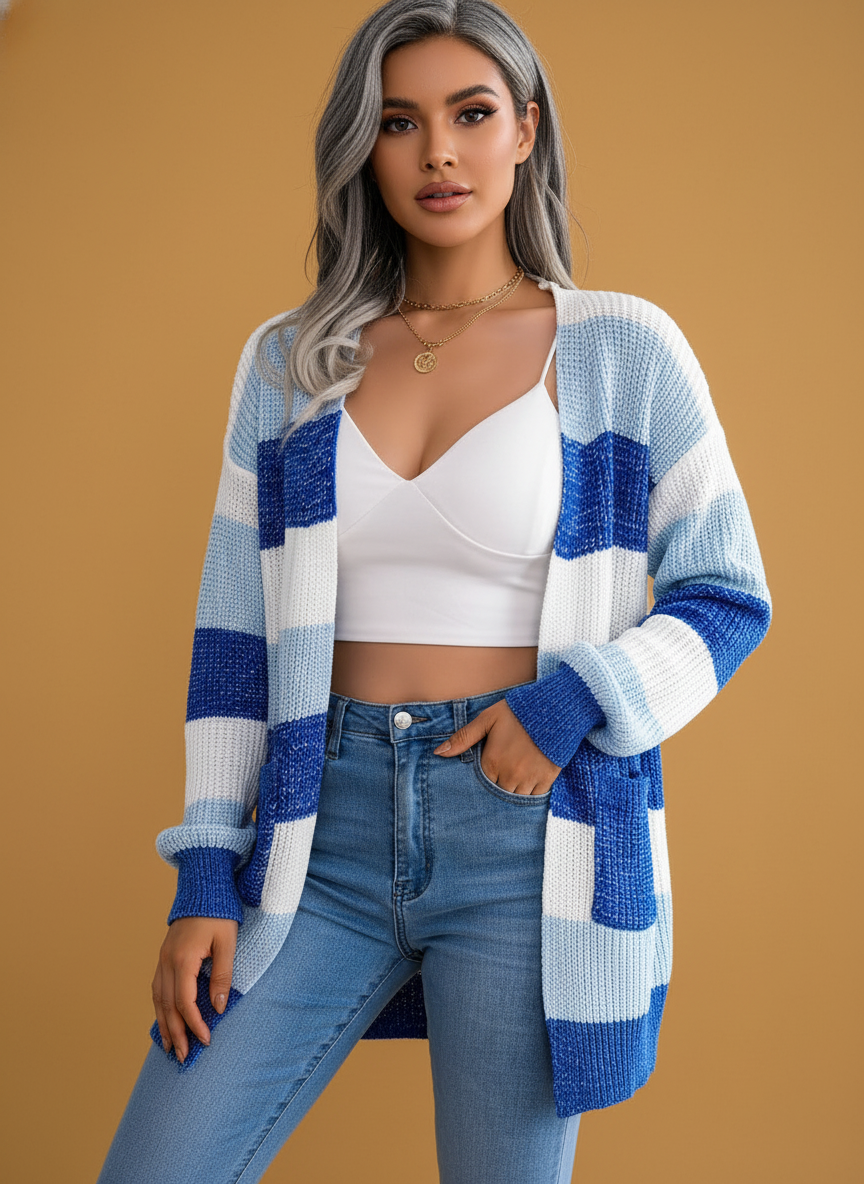 Plaid Sweater Lantern Sleeves Cardigan Jacket Outerwear
