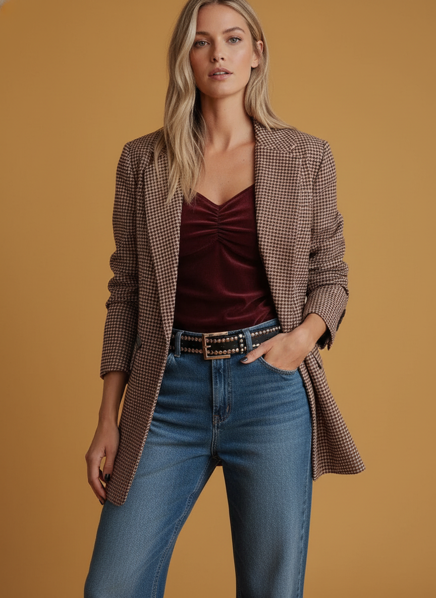 Brown Houndstooth Lapel Collar Blazer