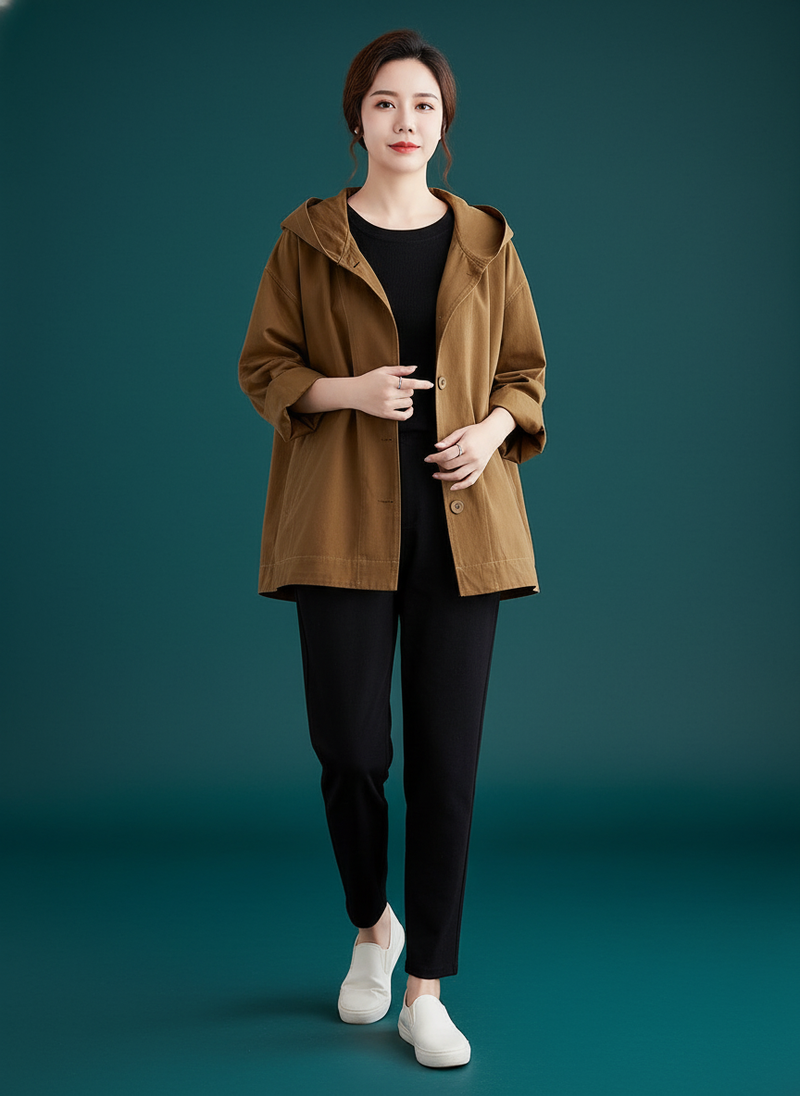 Hooded Loose Coat Retro Khaki Cotton Artistic Stitching