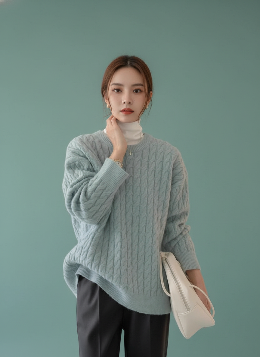 Round Neck Pullover Cable-knit Sweater