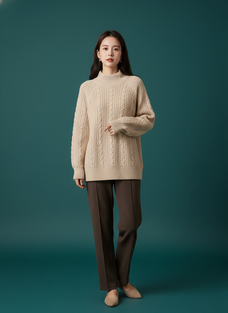 Lapel Half Zipper Cable-knit Pullover Sweater