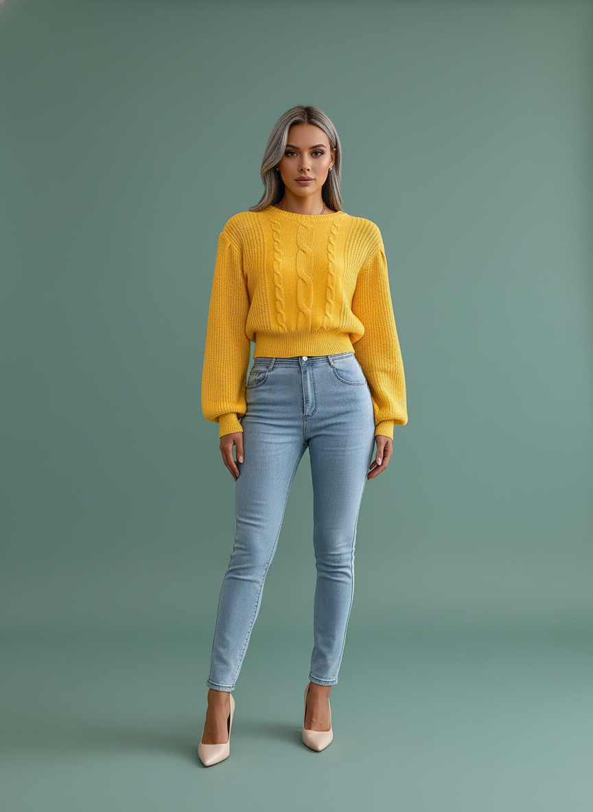 Cable Knit Lantern Sleeve Cinched Sweater