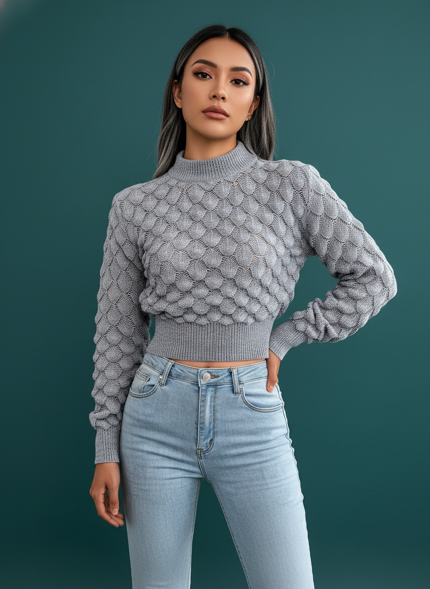 3D Diamond Knit Long Sleeve Cropped Sweater