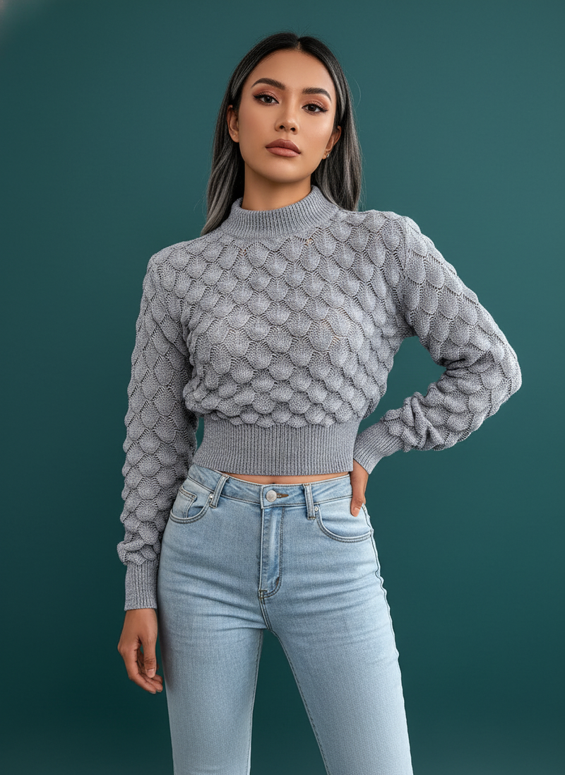 3D Diamond Knit Long Sleeve Cropped Sweater