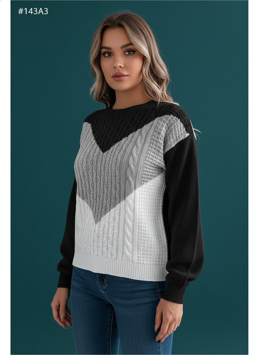 Color Block Cable Knit Lantern Sleeve Pullover Sweater