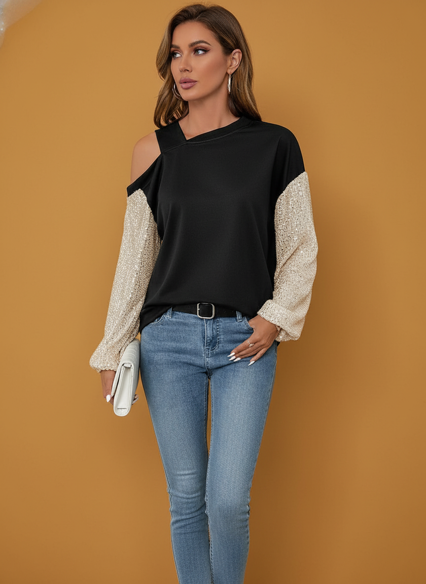 Long Sleeve Sequined Off-the-shoulder Multicolor Hoodie