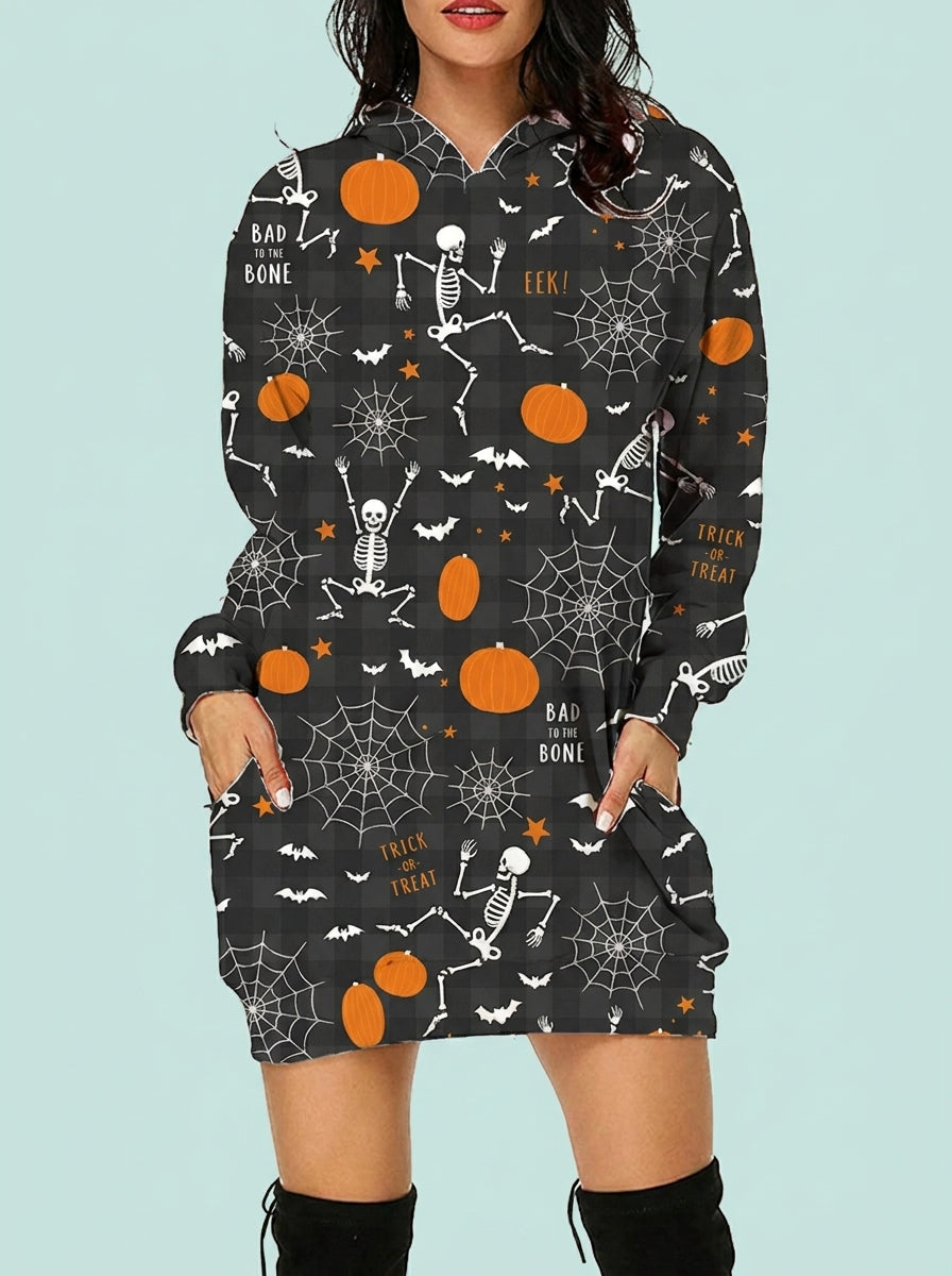 Halloween Print Long Hoodie With Pockets Sweater Sleeve