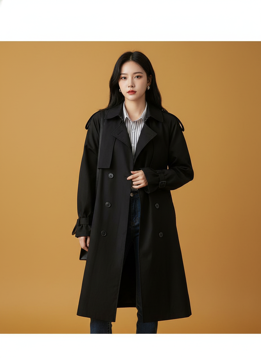 Black Trench Coat Mid Length Double Breasted Waist