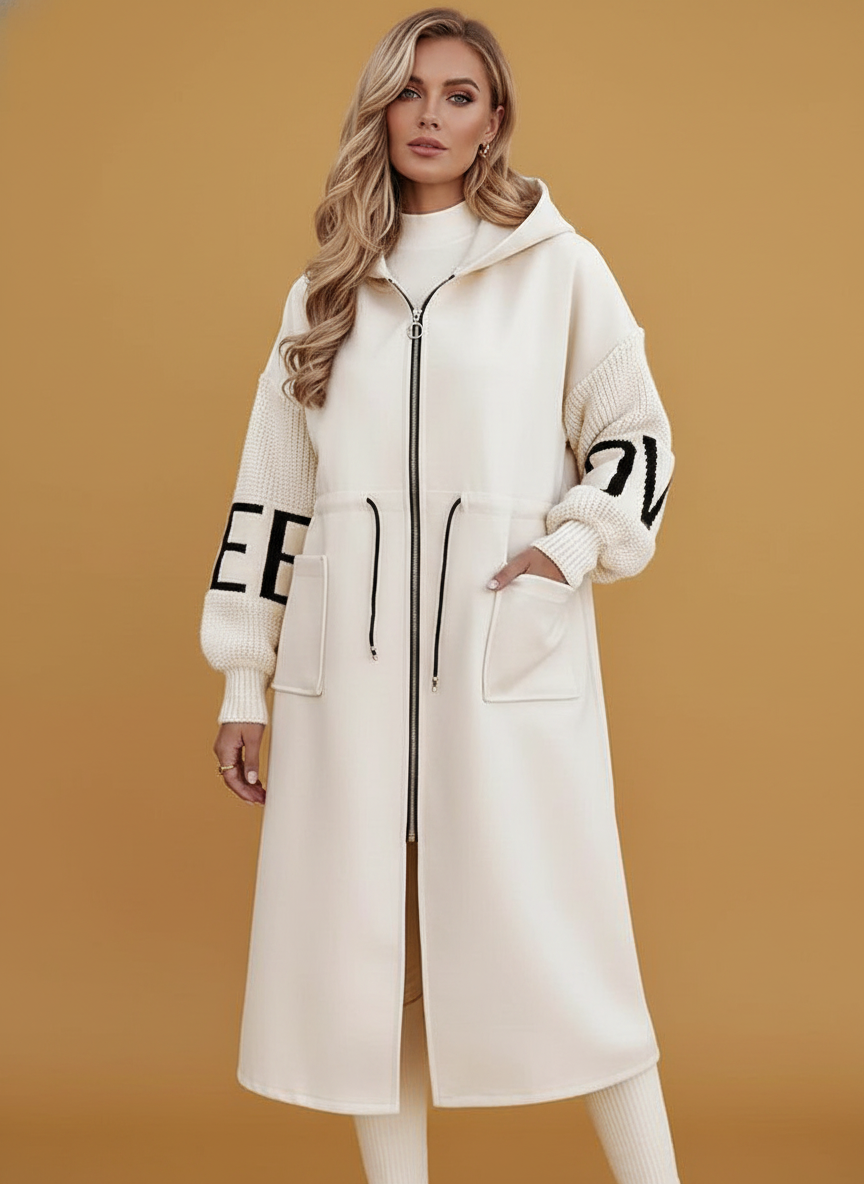 Hooded Windbreaker Long Jacket With Pockets And Drawstring