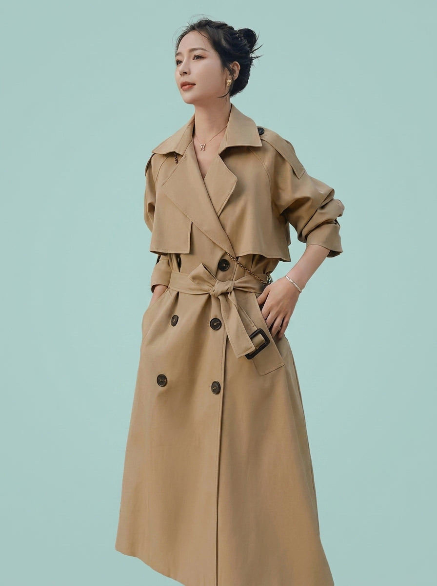 Double Breasted Waist Belt Khaki Loose Coat