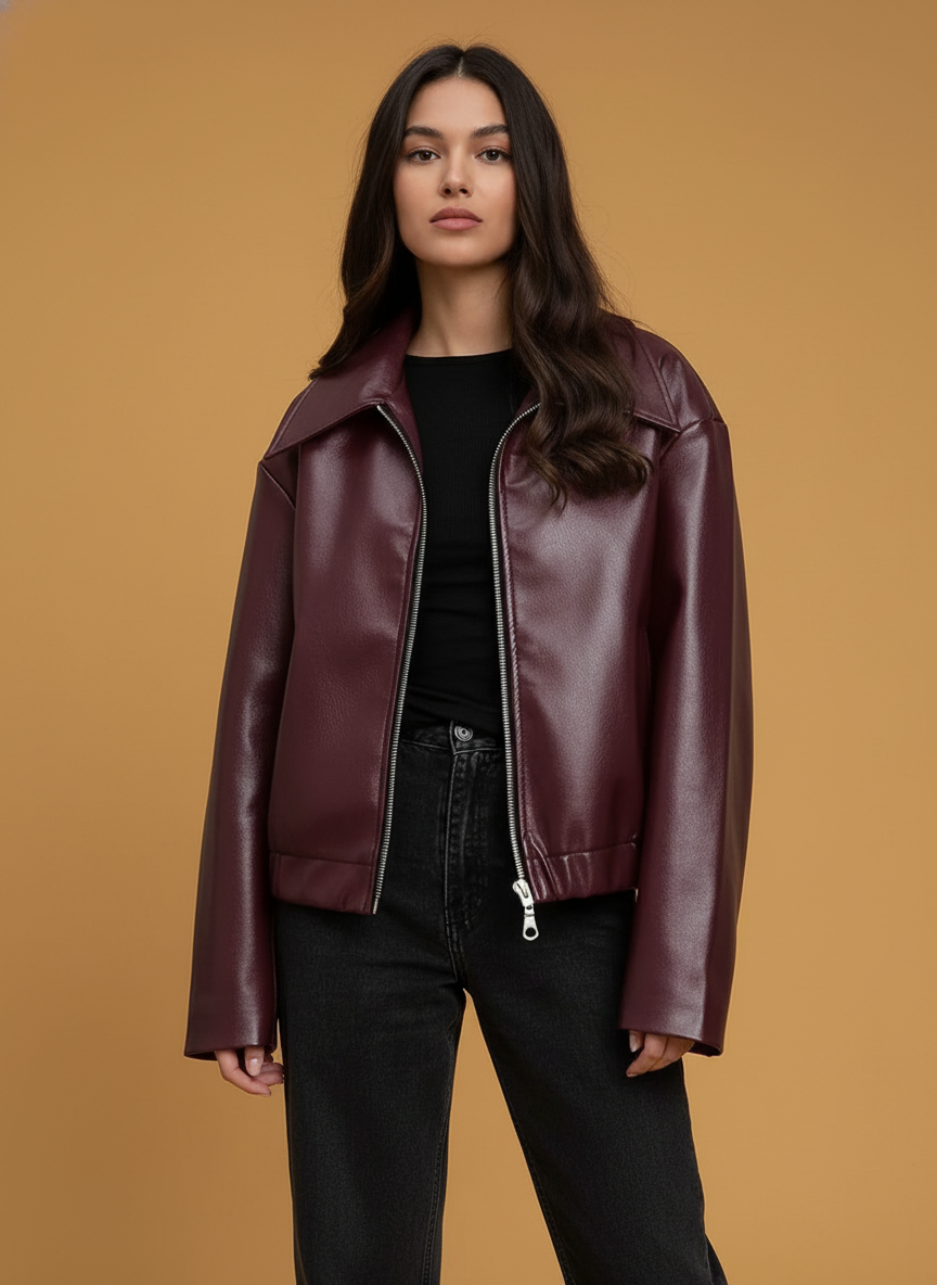 Solid Color Lapel Zipper Jacket Long Sleeve Leather Coat