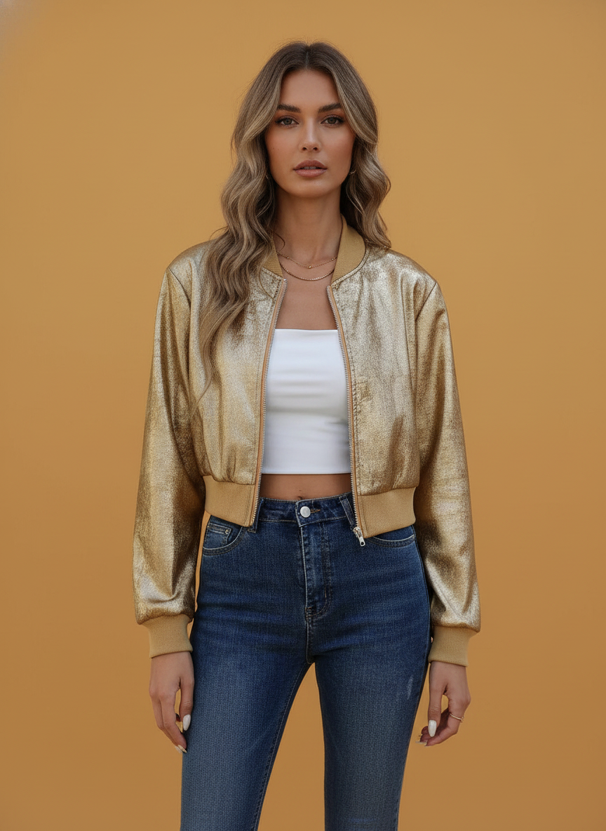 European And American Style Long Sleeve Zipper Gold Foil