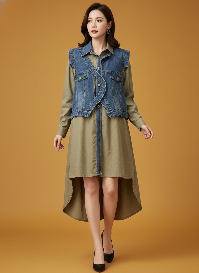 Design Sense Fake Two Pieces Denim Shirt Jacket