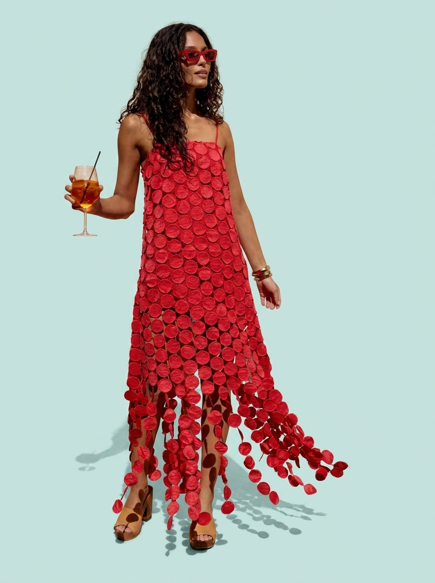 Hollow-Out Polka Dot Midi Slip Dress - Lightweight