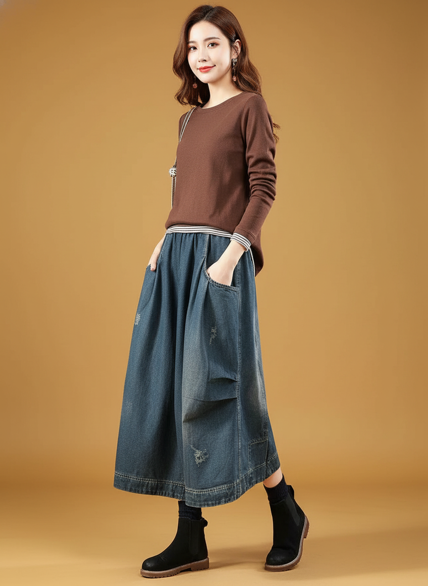 Vintage Denim Skirt Elegant Long Dress Loose