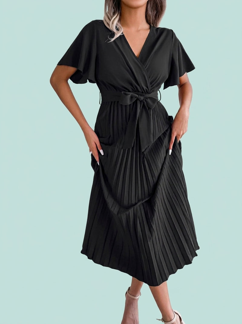 Elegant Cross V Neck Flowy Pleated Maxi Dress