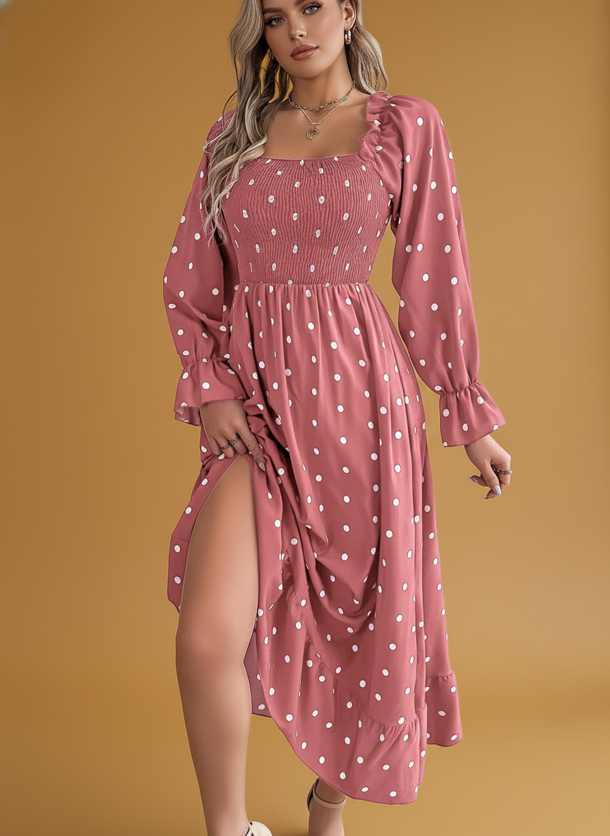Scalloped Hem Square Neck Polka Dot Flared Maxi Dress