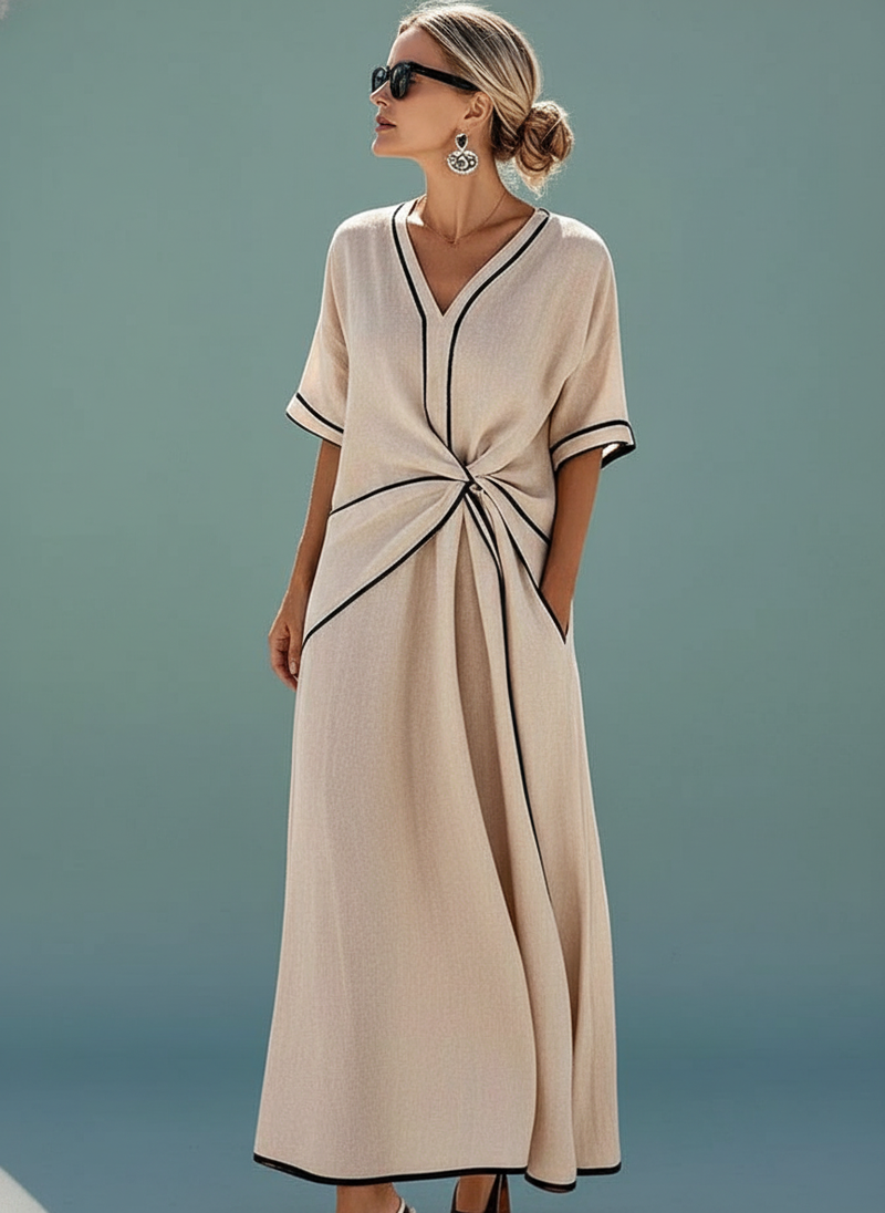 Striped Print Dress Beach Vacation Short-sleeved Maxi