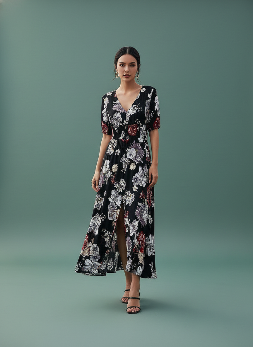 Floral Beach Dress With V Neck Elastic Waist Dresses
