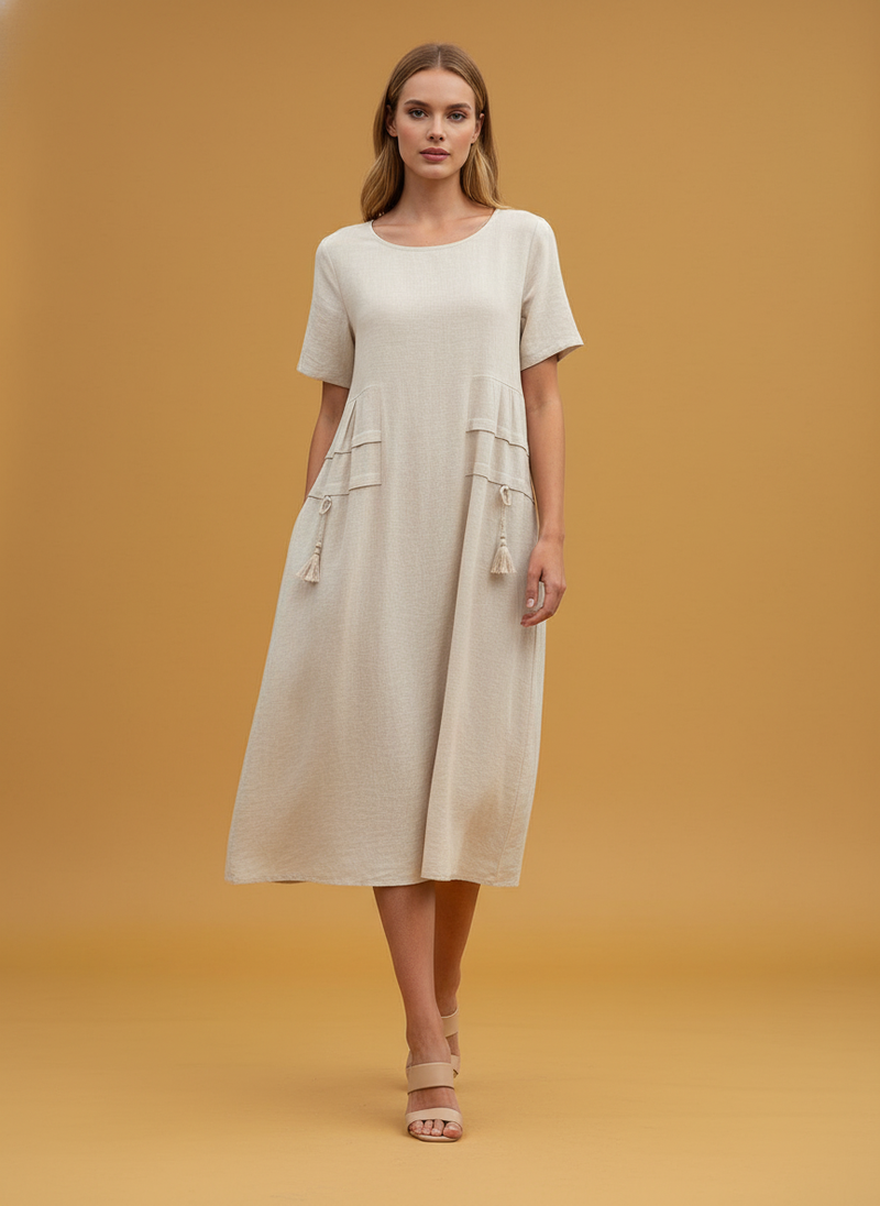 Loose Midi Dress Breathable Cotton Linen Short-sleeve