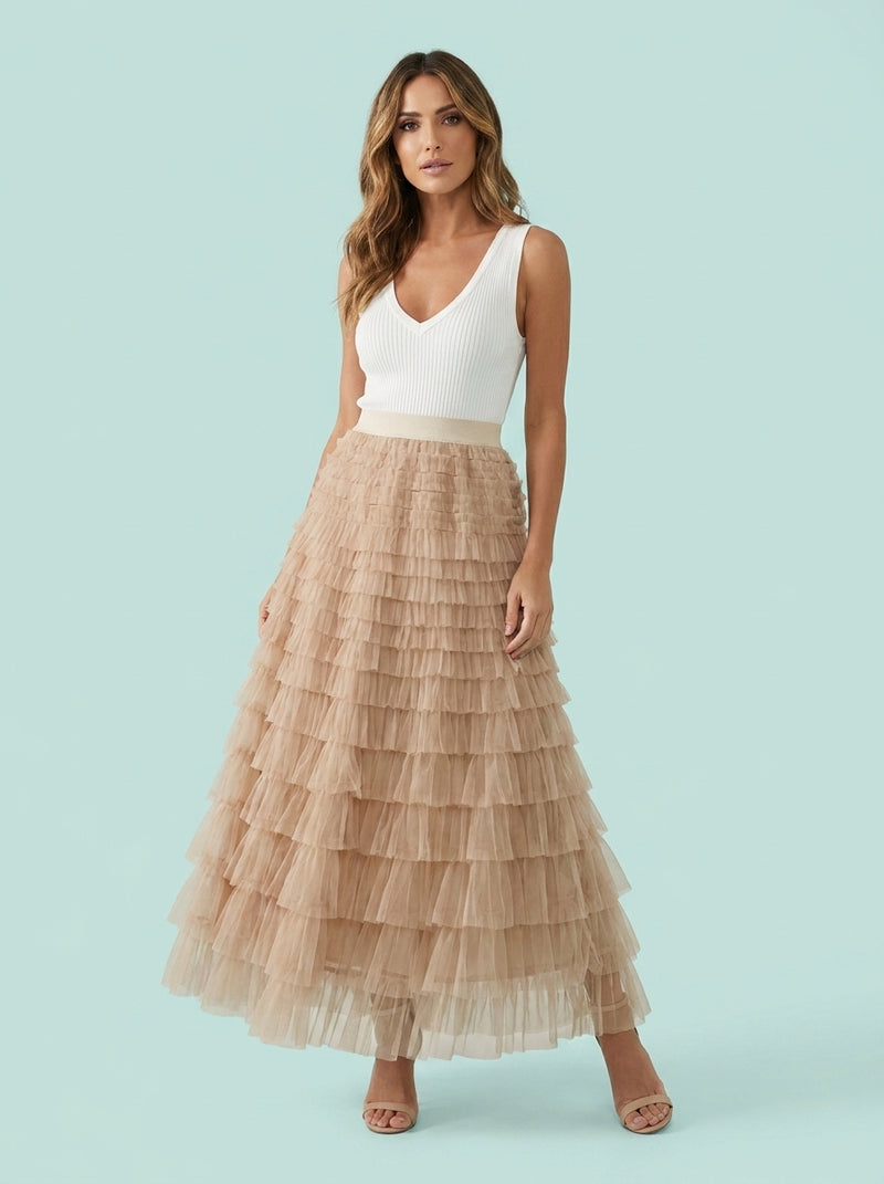 Layered Ruffles Cake Skirt A Line Swing Mesh Long Party