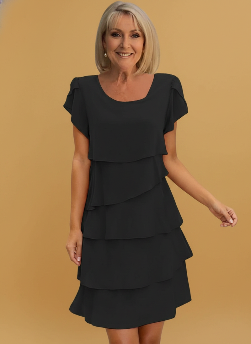 Short Sleeve Cake Dress Solid Color Round Neck