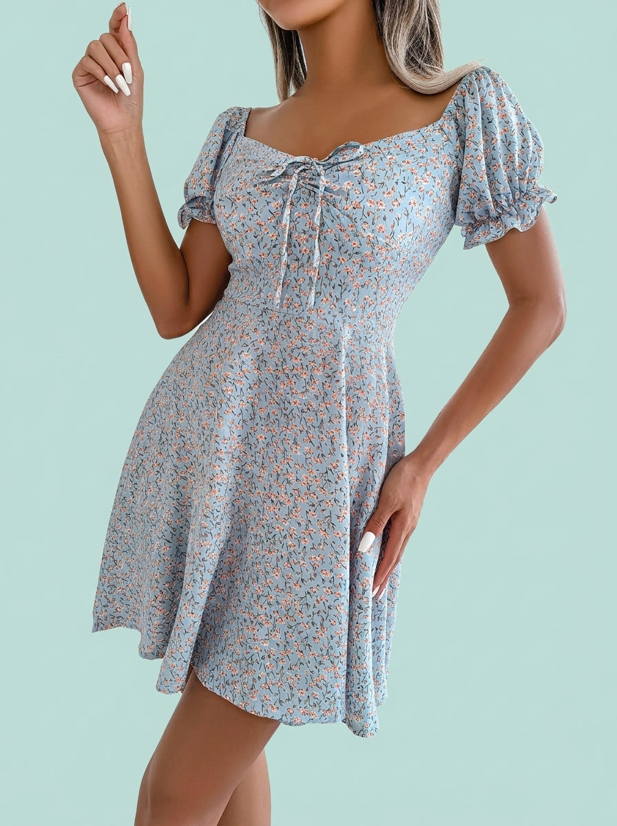Bell Sleeve Drawstring Tie Flowy Floral Print Dress