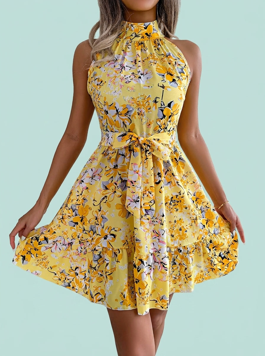 Elegant Tie Waist Ruffle Hem Flowy Floral Print Dress