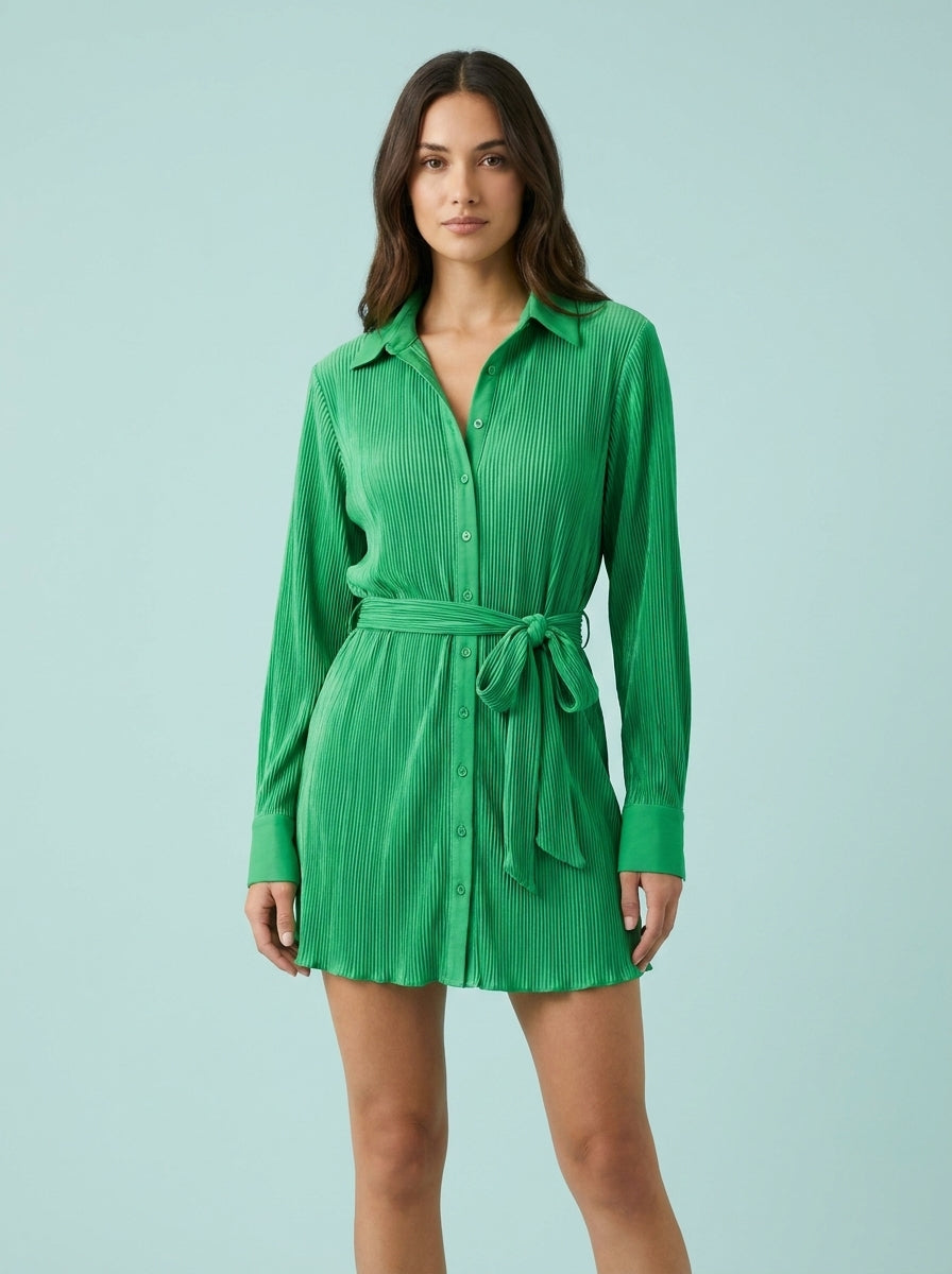 Shirt Dress Flower Print Lace-up Long Sleeve