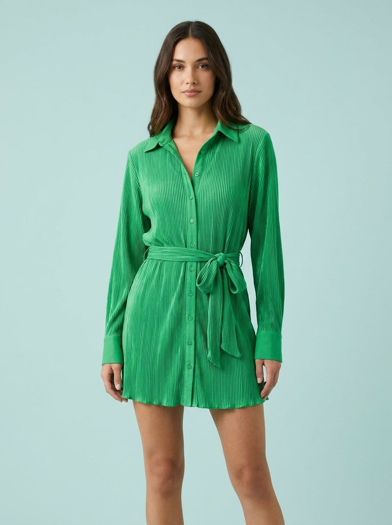 Shirt Dress Flower Print Lace-up Long Sleeve
