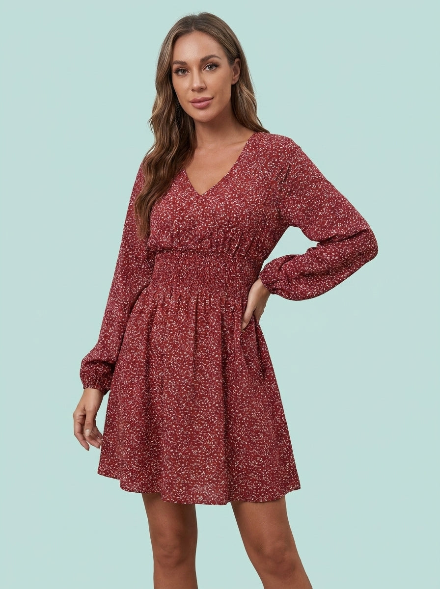 Polka Print Long Sleeve Dress V Neck Lantern Pleated Waist