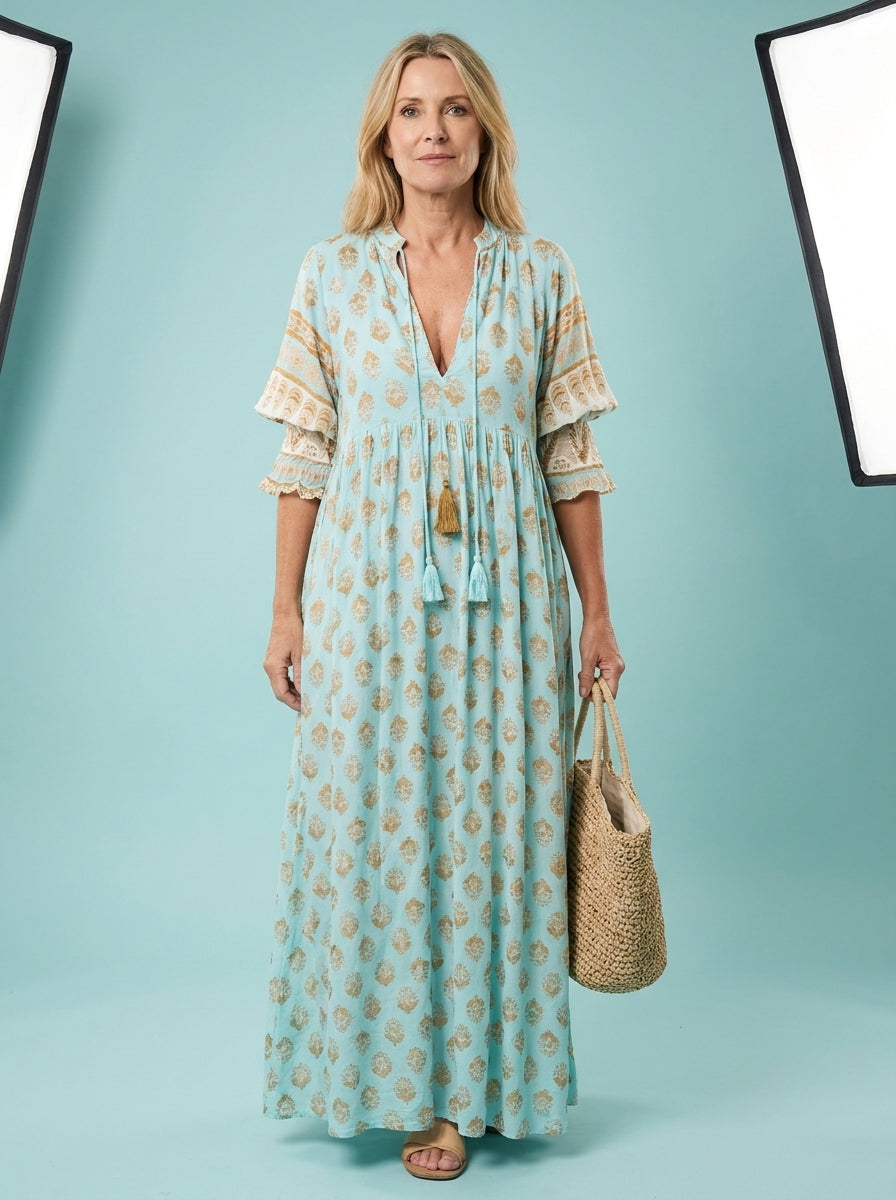 Bohemian Print Lantern-Sleeved Dress Loose V-Neck Ruffle
