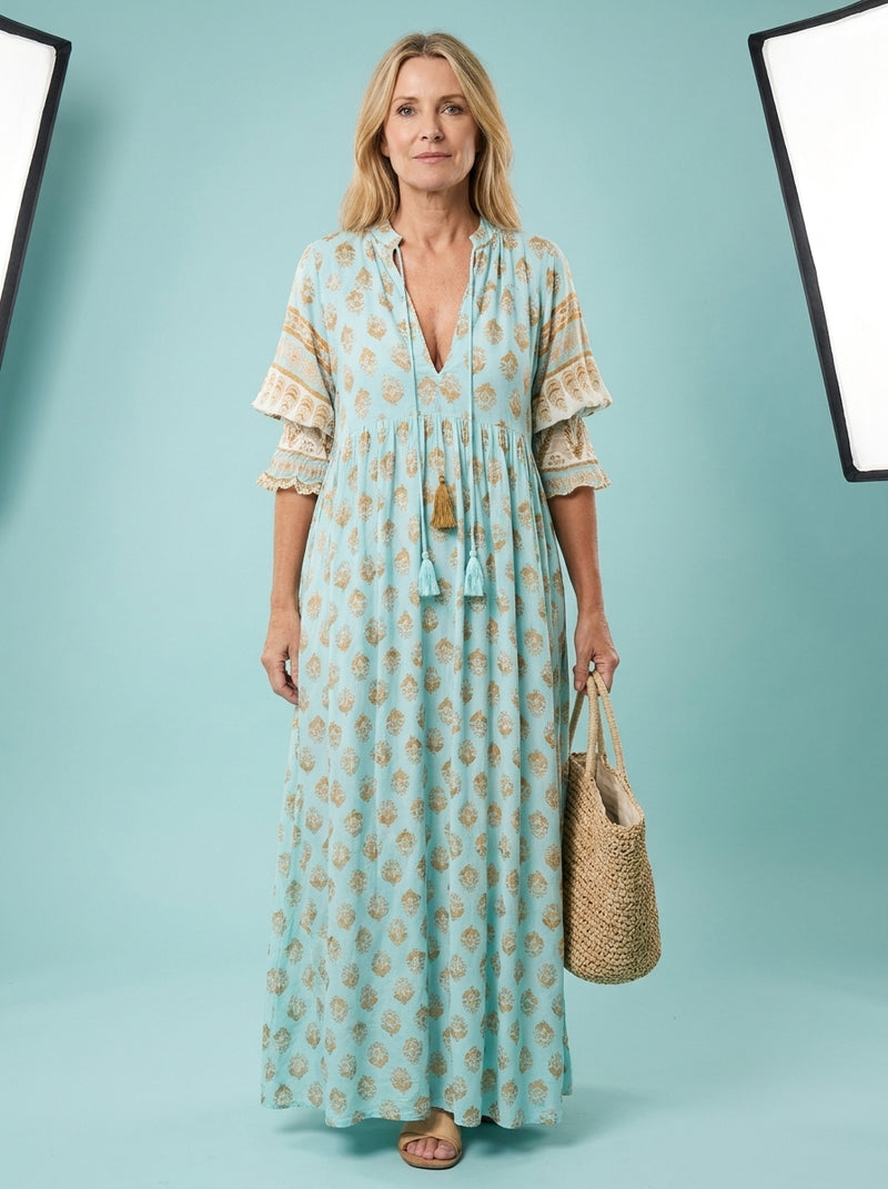 Bohemian Print Lantern-Sleeved Dress Loose V-Neck Ruffle