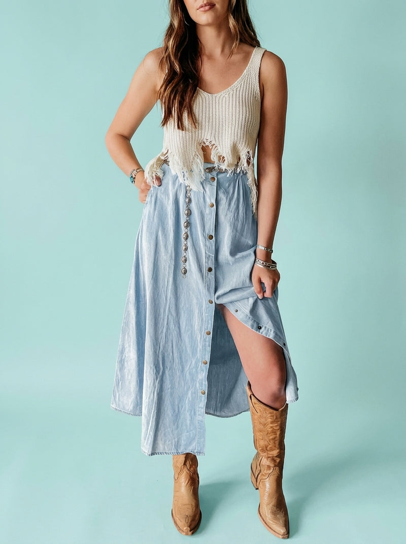 Style Multi-button Solid Color Denim Skirt