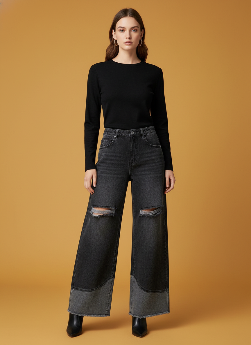 Fringed Ripped Straight Wide Leg Jeans