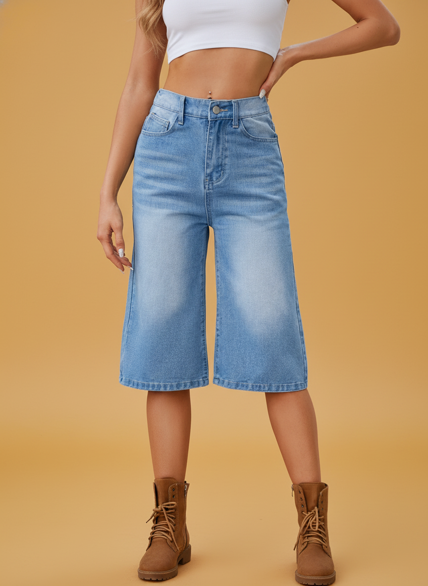 Washed Elastic Waist Denim Cropped Pants