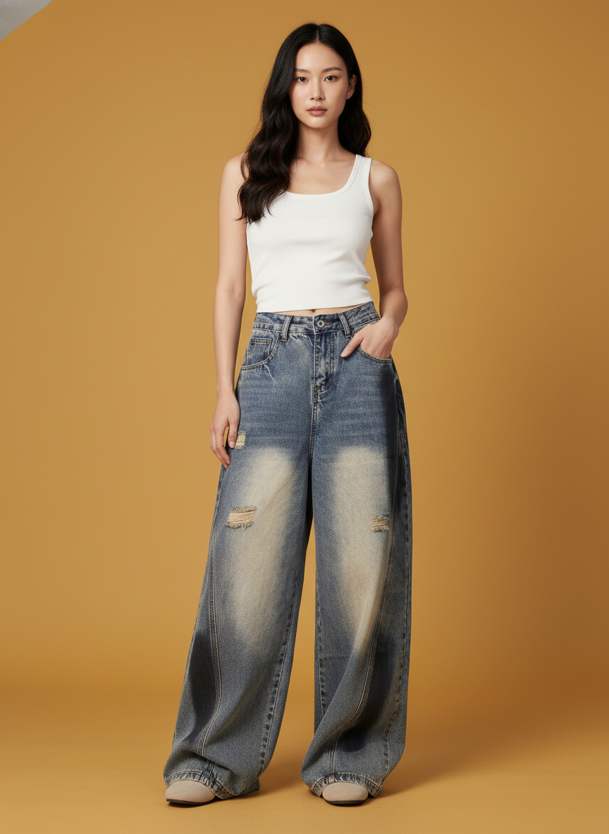 Splash Ink Ripped Machete Jeans Loose-fitting Wide-leg