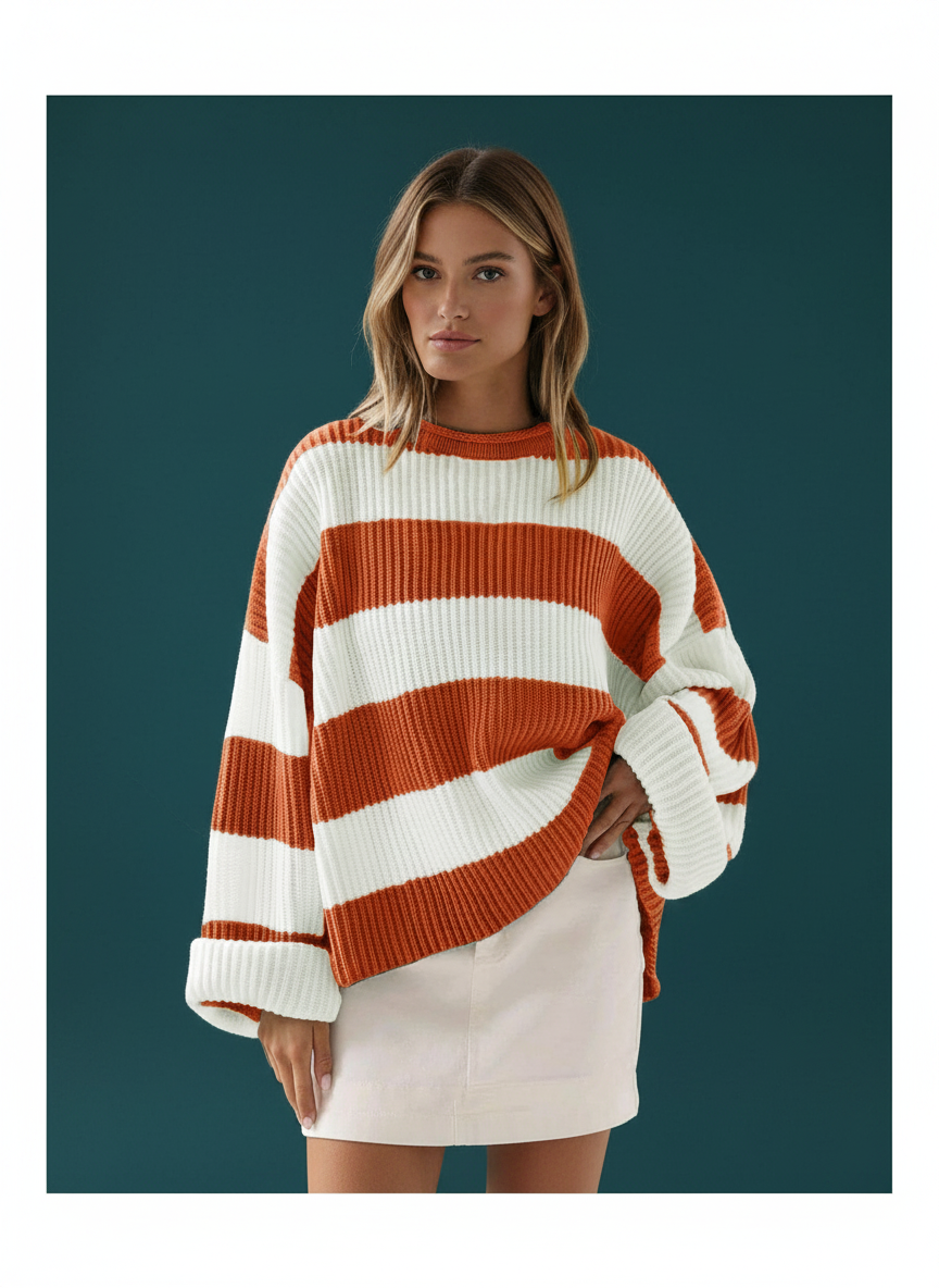 Loose Striped Sweater Long Batwing Sleeve Round Neck