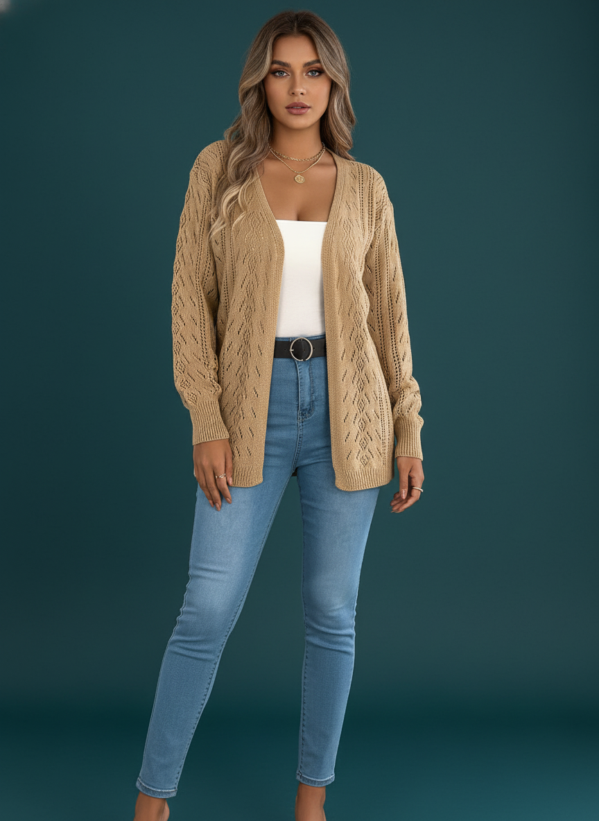 Hollow Out Lantern Sleeve Long Cardigan Sweater Coat
