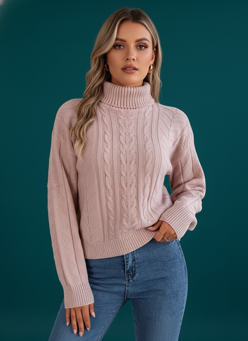 Turtleneck Cable Knit Long Sleeve Pullover Sweater