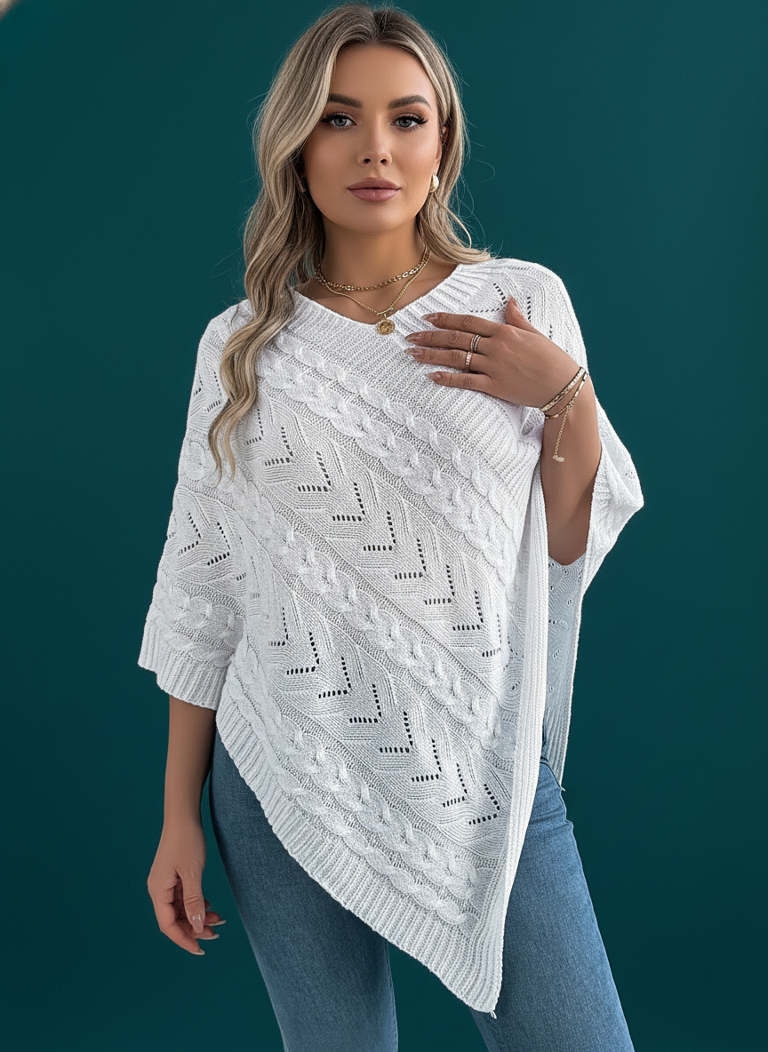 Solid Color Cable Knit Loose Poncho Sweater Coat