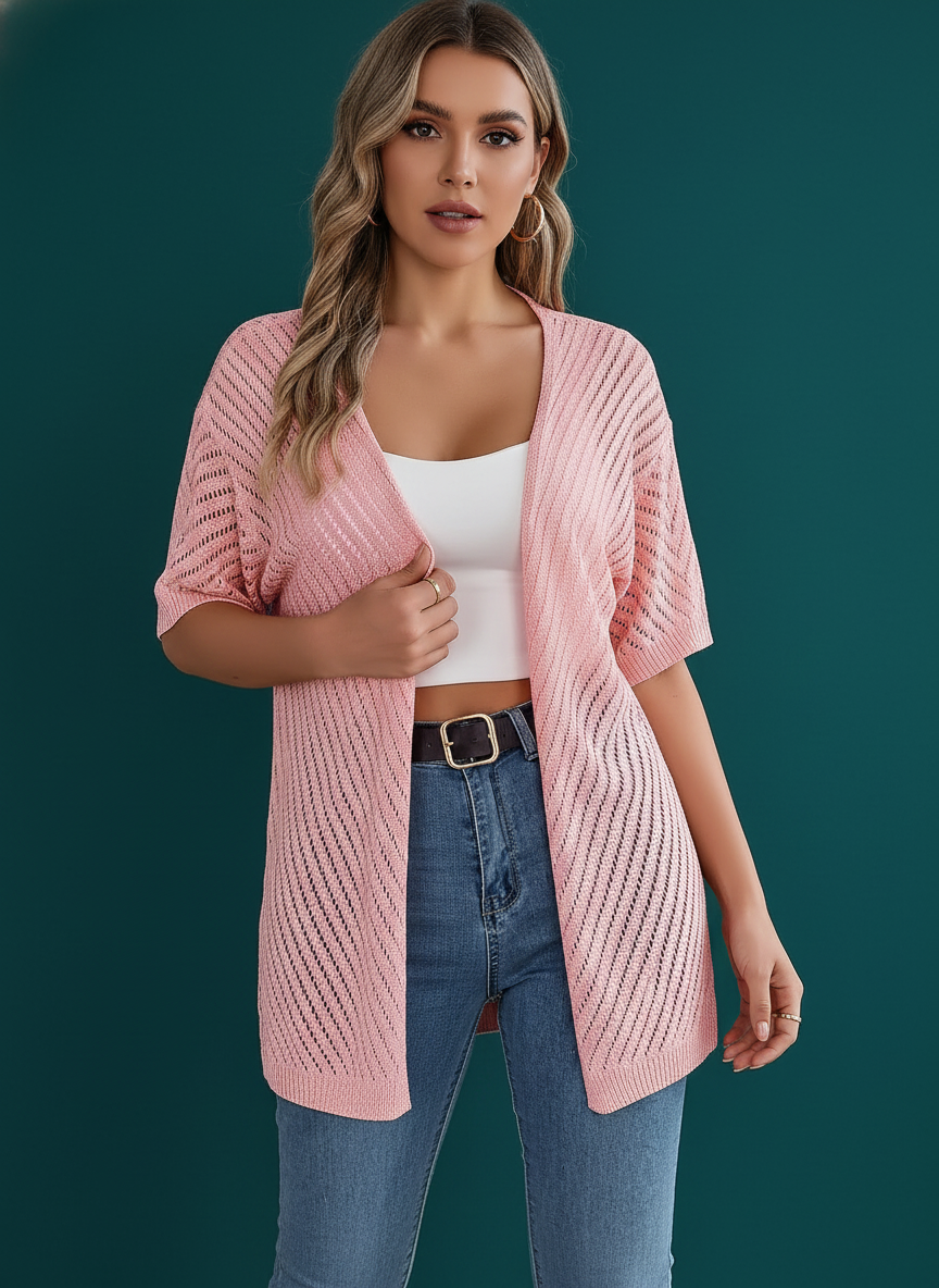Vertical Stripe Hollow Out Short Sleeve Knit Cardigan